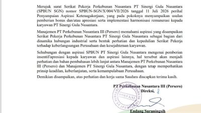 Fasilitasi HM Nasim Khan Berlanjut ke Respons Resmi PTPN III, Aspirasi SPBUN SGN Kini Masuki Tahap Pembahasan Dijajaran Direksi